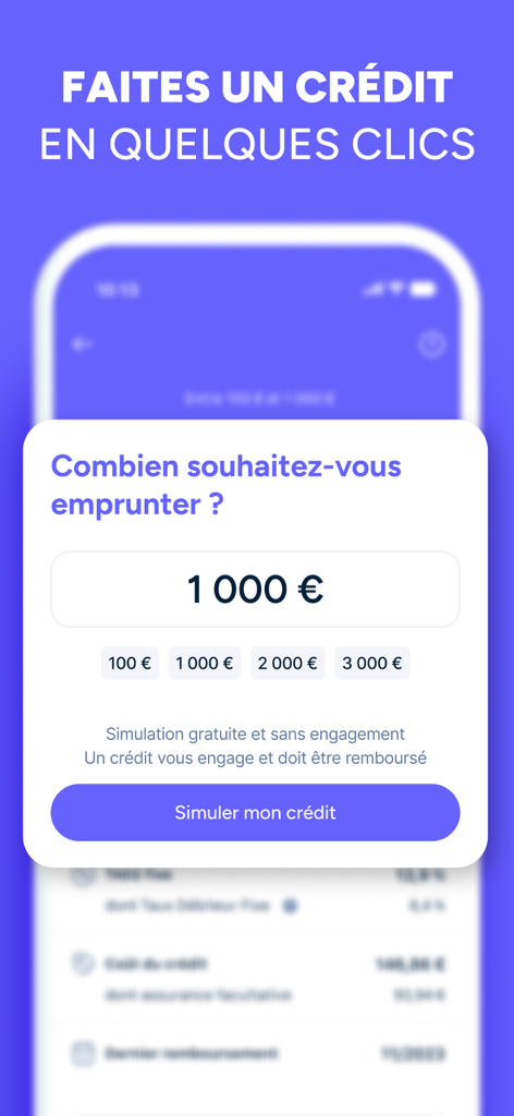 Écran mobile de l'application Bankin montrant un outil de simulation de prêt où un utilisateur peut sélectionner un montant d'emprunt en euros.