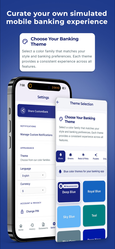 CustomBank app settings showing different color theme options for the simulated banking interface