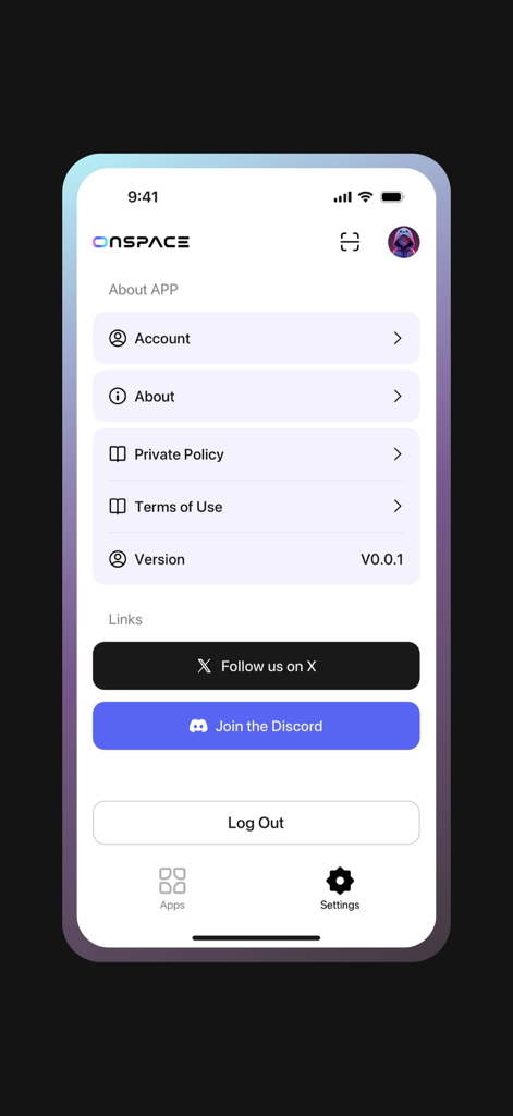 Settings screen of the OnSpace AI mobile app builder showing account options and community links