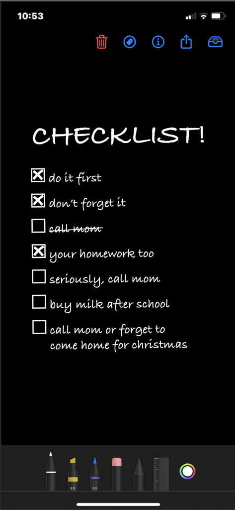 Penned: Private Notes - Handwritten checklist in dark mode on the Penned Private Notes app