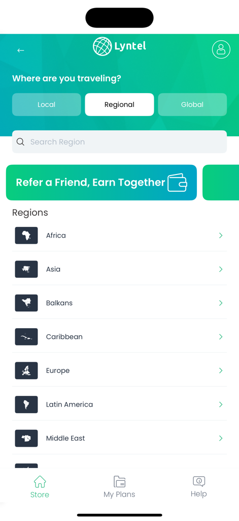 Lyntel eSIM - Lyntel eSIM app screen showing regional data plans for travelers across Africa Asia Europe and more.