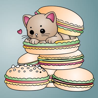 a kitten popping out of a stack of pastel macarons