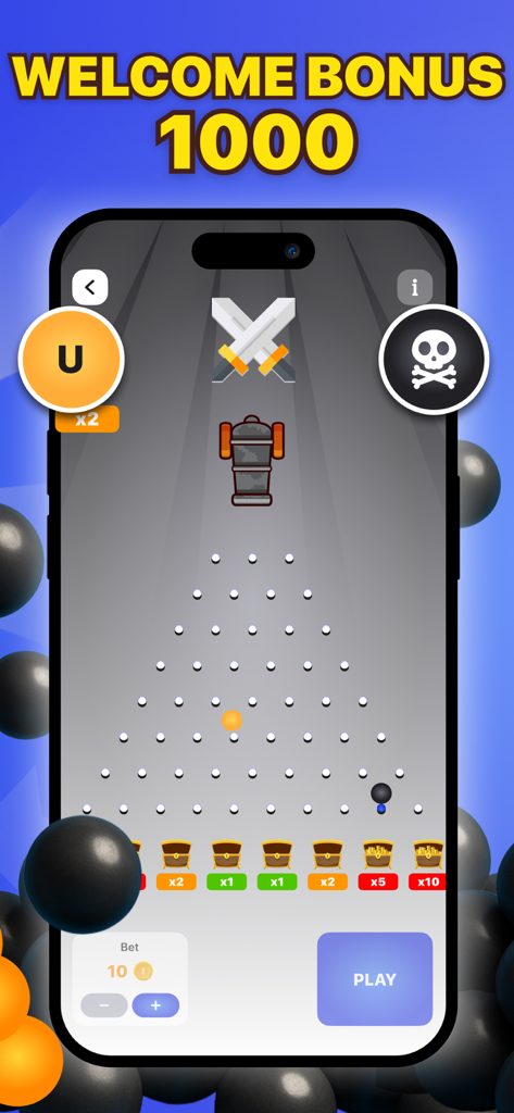 Plinko Game ⁢ - Screenshot mobile di Plinko Game con tema pirata e bonus di benvenuto di 1000