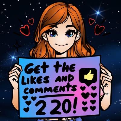 beautiful girl holding up a poster that says get the likes and comments to 200!