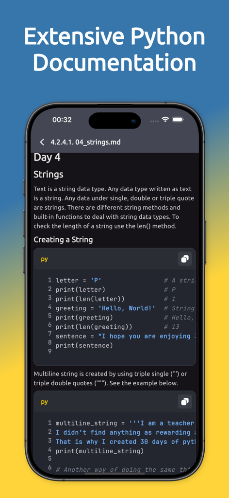 Python Coding Editor 3 IDE App - Interfaz de la aplicación Python Coding Editor 3 IDE mostrando extensa documentación y lecciones de codificación para cadenas
