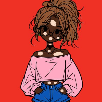 girl with a messy ponytail glasses a baggy crop top and jean shorts