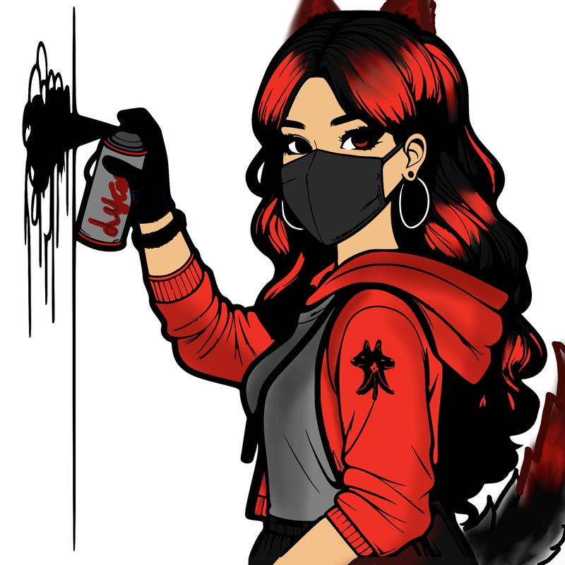 realistic girl with mask spray painting a wall