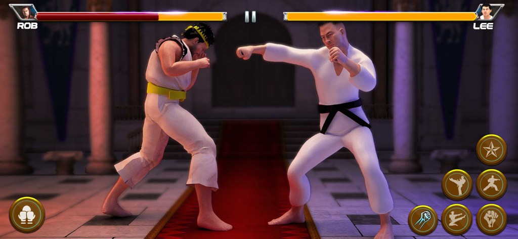Karate Kings Fight 26 - Dos luchadores de karate en un combate de artes marciales en 3D con barras de salud y controles táctiles.