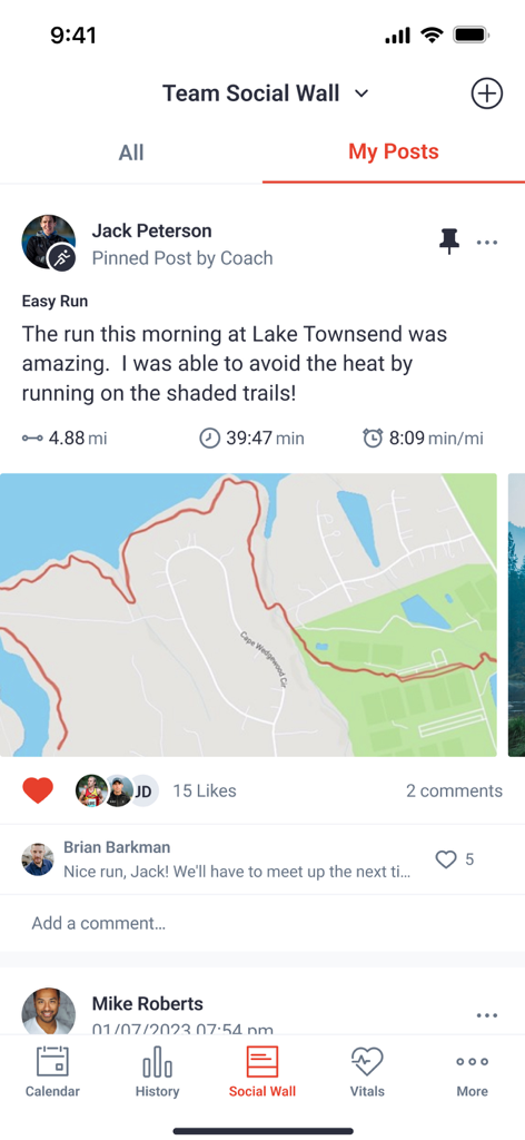 Final Surge - Final Surge app Social Wall showing a runner's activity with a map and training stats.