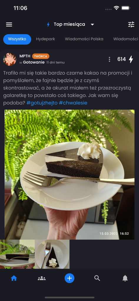 Hejto - Hejto app interface showing a social post with a picture of a chocolate cake