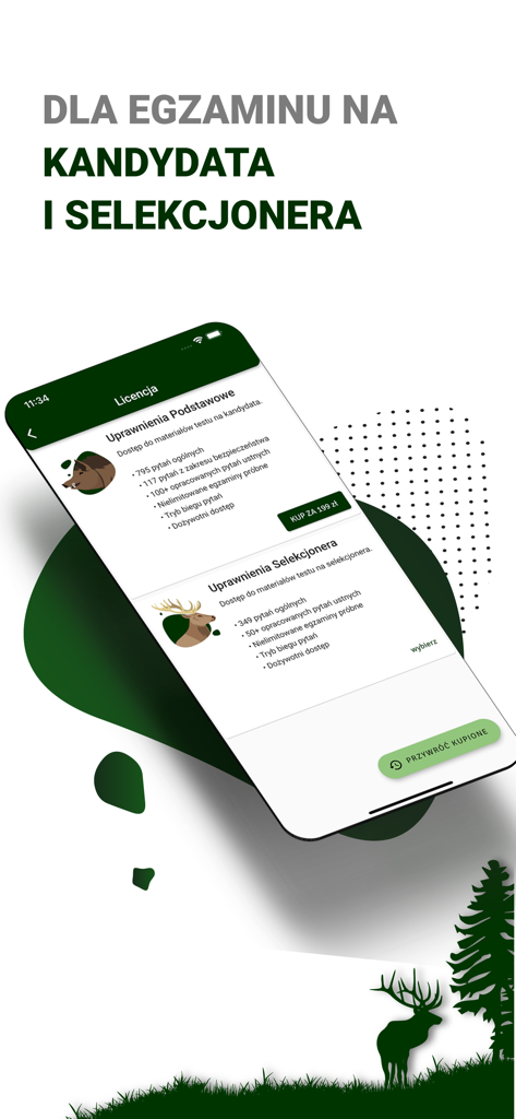 Pantalla de selección de licencia de la aplicación Egzamin Łowiecki que muestra módulos para cualificaciones básicas de caza y de selector