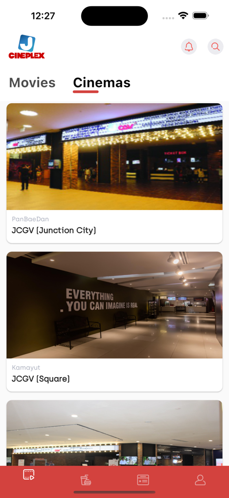 J Cineplex mobile app screen showing a list of cinema theater locations with interior photos