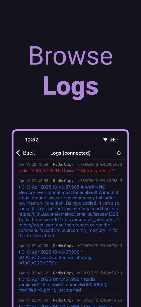 Railway.app Client — Station - Browse Logs screen in the Station app displaying real-time server logs for a Redis project in dark mode