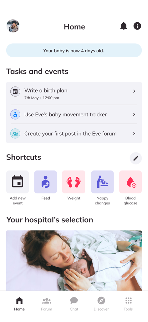 EVE digital maternity platform home screen showing postnatal baby tracking tools and hospital resources