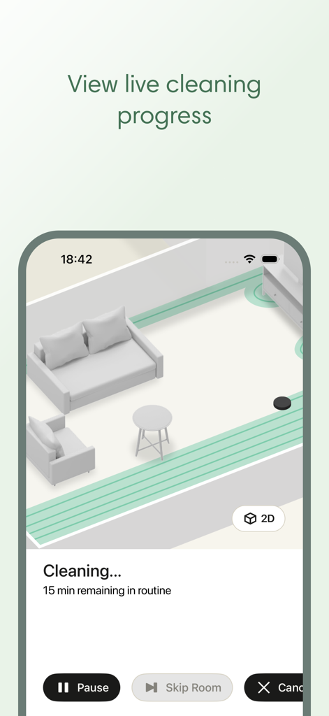 Capture d'écran de l'application Roomba Home montrant la progression du nettoyage en temps réel sur une carte de pièce numérique.