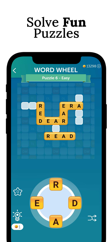 Words With Friends Word Game - 플레이어가 글자를 풀어 크로스워드 스타일 그리드를 채우는 Words With Friends 앱의 단어 휠 미니 게임