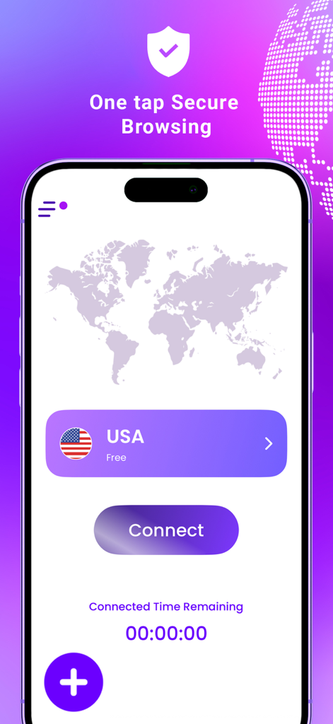 Pronto VPN – Secure, Fast VPN - Interface do aplicativo móvel Pronto VPN mostrando um botão de conexão de um toque e seleção de servidor dos EUA para navegação segura