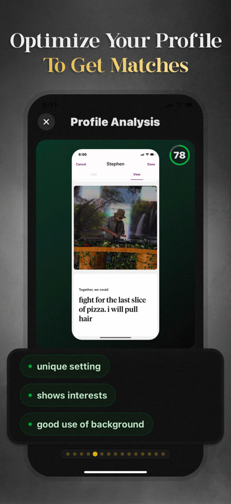 Charmd - AI Wingman - Screenshot of Charmd AI Wingman app interface showing an AI profile analysis with a score and descriptive feedback for a dating app photo.