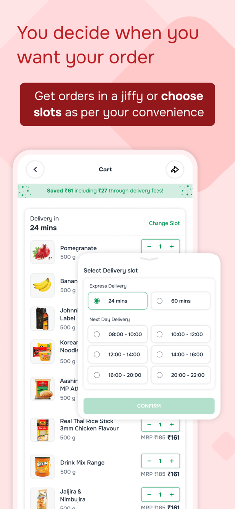 Jiffy by Spencers - Mobile app interface of Jiffy by Spencers showing a grocery cart and a delivery slot selection window with options for express delivery and next-day scheduled slots.