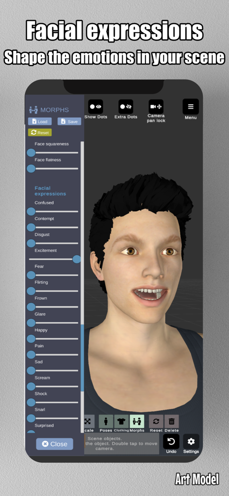 Art Model - Pose & morph tool - Screenshot of Art Model app showing sliders to customize facial expressions and emotions on a 3D character