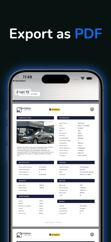 Qenteken-App-Oberfläche, die einen detaillierten Fahrzeugdatenbericht zeigt, der als PDF exportiert werden kann.