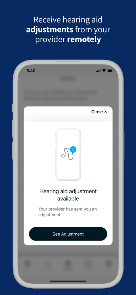 Smartphone screen displaying a remote hearing aid adjustment notification from a healthcare provider in the Hearing Remote app