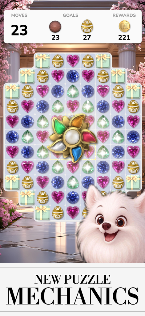 GFAL Diamond Dreams Match - A match 3 puzzle grid from Diamond Dreams Match featuring colorful gems a golden booster and a fluffy white dog mascot