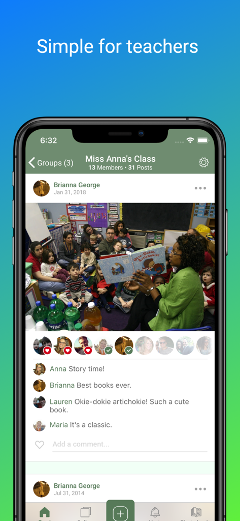Homeroom Private Photo Sharing - Interface of the Homeroom app showing a classroom photo shared by a teacher with interactive comments from parents