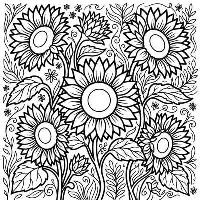 Bring a field of radiant sunflowers to life with this intricate coloring page. Discover detailed floral silhouettes, ready for your most vibrant color choices.