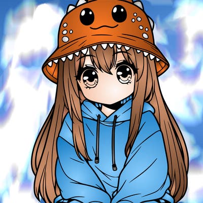 girl with anime shaped eyes with a dinosaur bucket hat oversized sweatshirt long straight hair