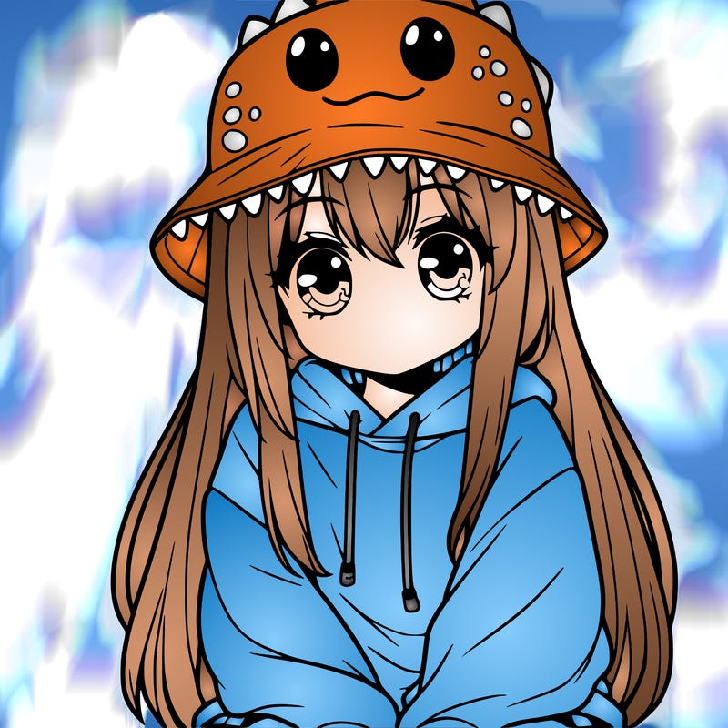girl with anime shaped eyes with a dinosaur bucket hat oversized sweatshirt long straight hair