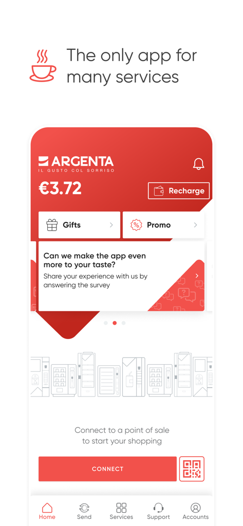 スマート自動販売機の接続オプションとデジタルクレジット残高を表示するArgentaアプリのホーム画面
