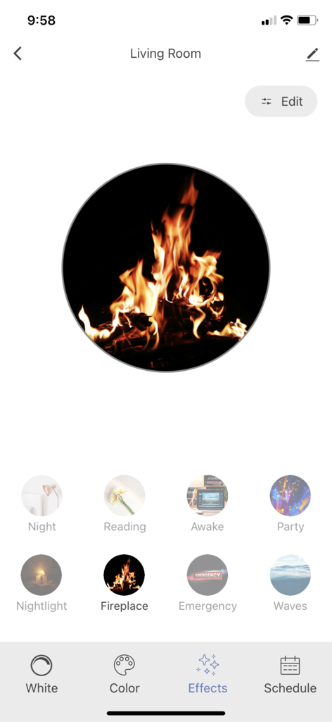 SYLVANIA Smart WiFi app screen showing living room lighting effects with fireplace mode selected