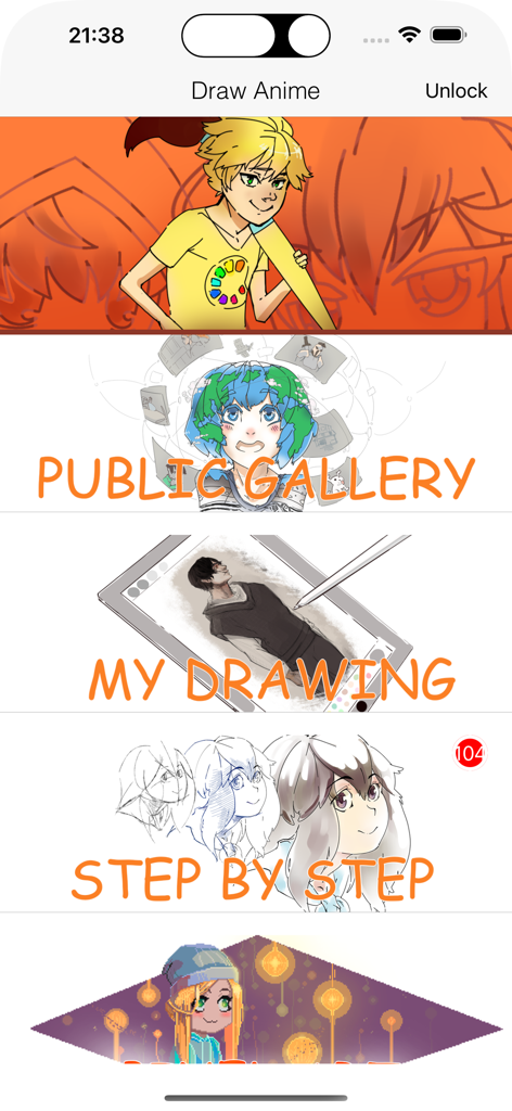 How to Paint Anime Club - Menú principal de la aplicación Club de Pintura de Anime que muestra opciones para galería pública, mi dibujo y tutoriales paso a paso