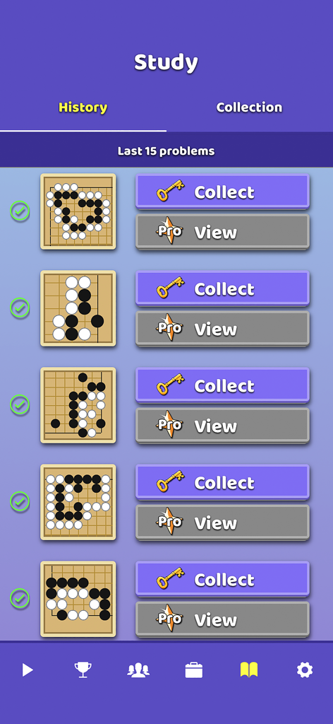 BadukPop Go - A list of recently completed Go Tsumego problems in the BadukPop app study history section.