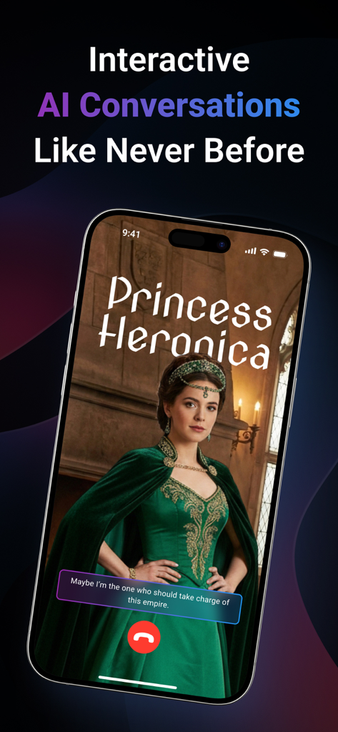 iPhone screen showing an interactive AI conversation with a fantasy character named Princess Heronica in the AIVoicer app.