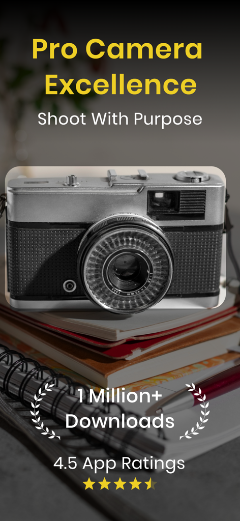 Pro Camera with RAW & Focus - Pro Camera app promotion showing 1 million plus downloads and a 4.5 star rating