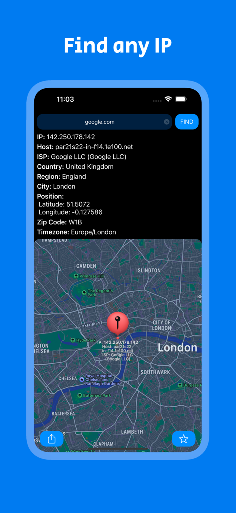 IP-Adressen-Lookup-Ergebnisse, die ISP-Stadt und Karten-Geolokalisierung anzeigen.