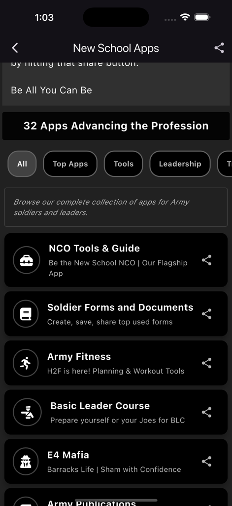 NS Boxing - A menu screen showing a collection of mobile applications for Army soldiers including Army Fitness and NCO Tools.