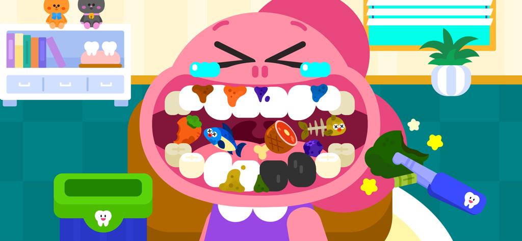 Un dinosaurio rosa se cepilla los dientes para eliminar comida y gérmenes en la aplicación Cocobi Dentist