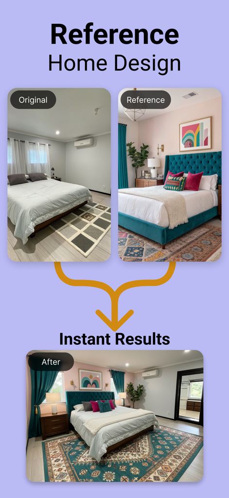 Interior AI - Home Designer AI - Vorher-Nachher-Vergleich einer Schlafzimmer-Neugestaltung mit einem Referenzbild mit Interior AI.
