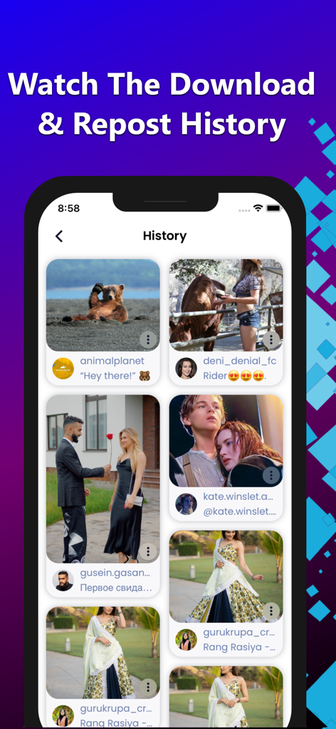 InstaSave : IG Reels Stories - Interface of the InstaSave app showing a curated history gallery of downloaded and reposted Instagram reels and photos.