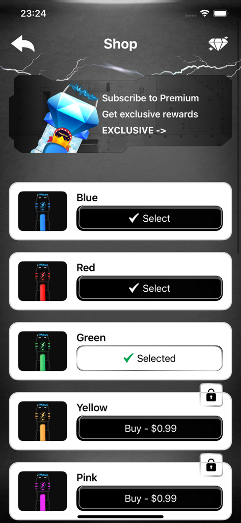 Prank Shock Friends - In-app shop displaying different colored stun gun skins for selection