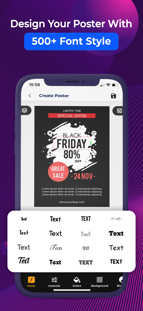 Gestaltung eines Black Friday Posters mit verschiedenen Schriftstilen in der Poster Maker App