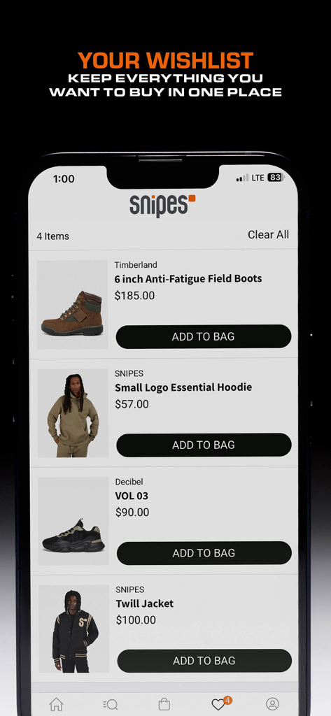 SNIPES: Sneakers & Streetwear - A mobile app screen showing the SNIPES wishlist feature with sneakers, boots, and streetwear clothing items.