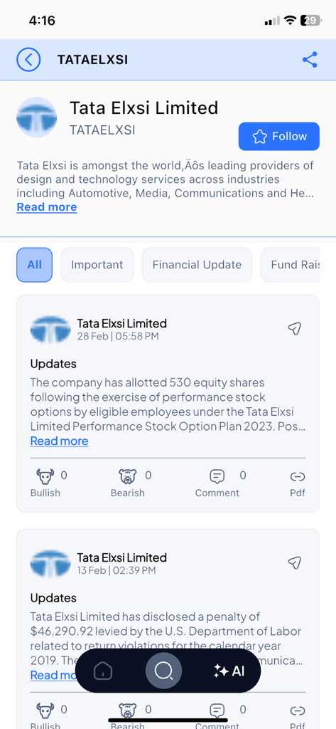 Alpha Tribe: Stock Market - Interface de l'application mobile affichant les annonces d'entreprise pour Tata Elxsi avec des options pour suivre et voir le sentiment du marché.