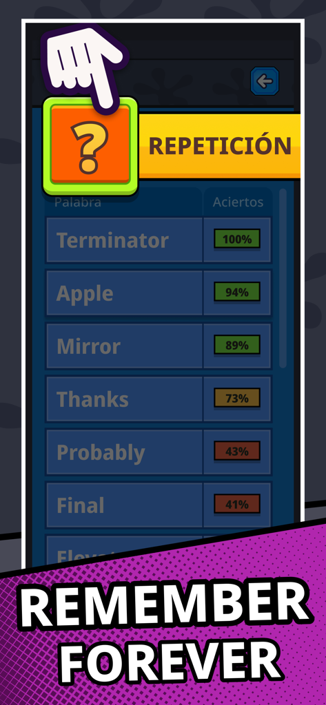 Easy Lizzy: English words - Vocabulary review screen in the Easy Lizzy app showing word lists and success rates