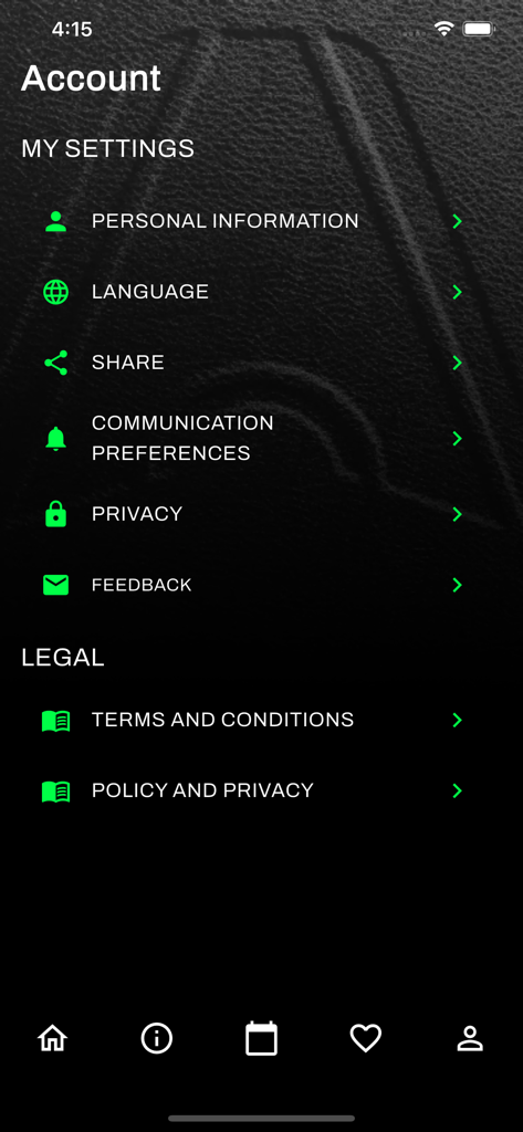Montreal Auto Show - Pantalla de configuración de la cuenta de la aplicación del Salón del Automóvil de Montreal mostrando preferencias del usuario e información legal.
