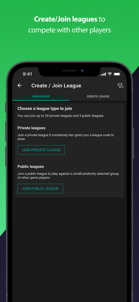 Interface for creating or joining private and public leagues in the Fantasy Football Manager app