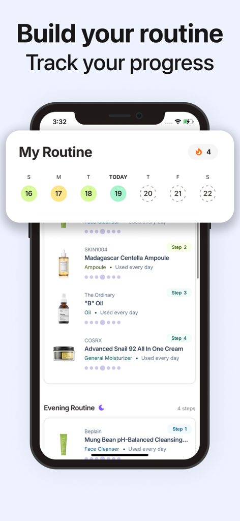 SkinSort - Skincare Scanner - SkinSort app screen displaying a daily skincare routine with specific product steps and a progress calendar